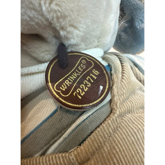 VTG Wrinkles Tan Dog Plush Toy With Brown Corduroy Overalls & Striped Shirt - Picture 3 of 6